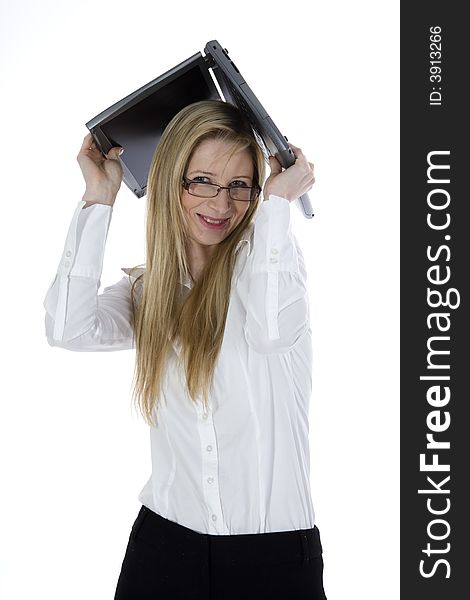 Business woman and laptop on white background