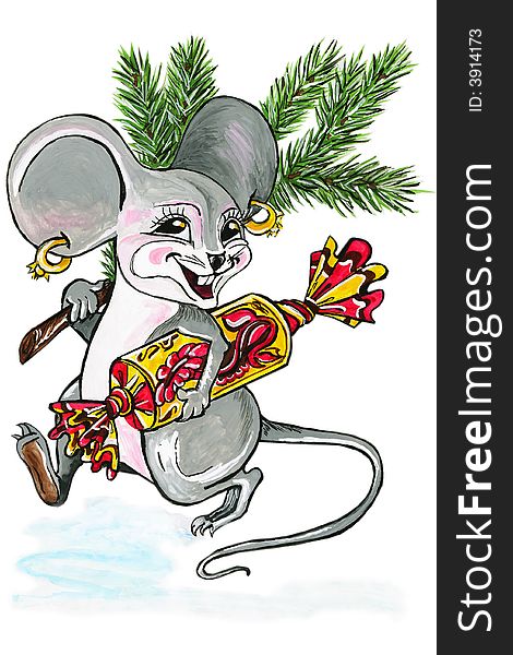The mouse with a sweet and a fur-tree branch. The mouse with a sweet and a fur-tree branch