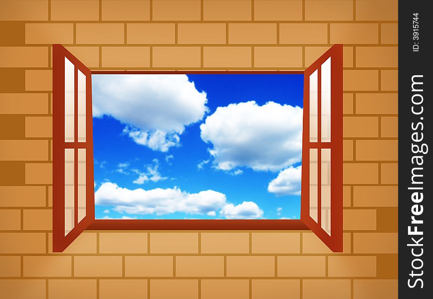 Window illustration with sky and brick wall