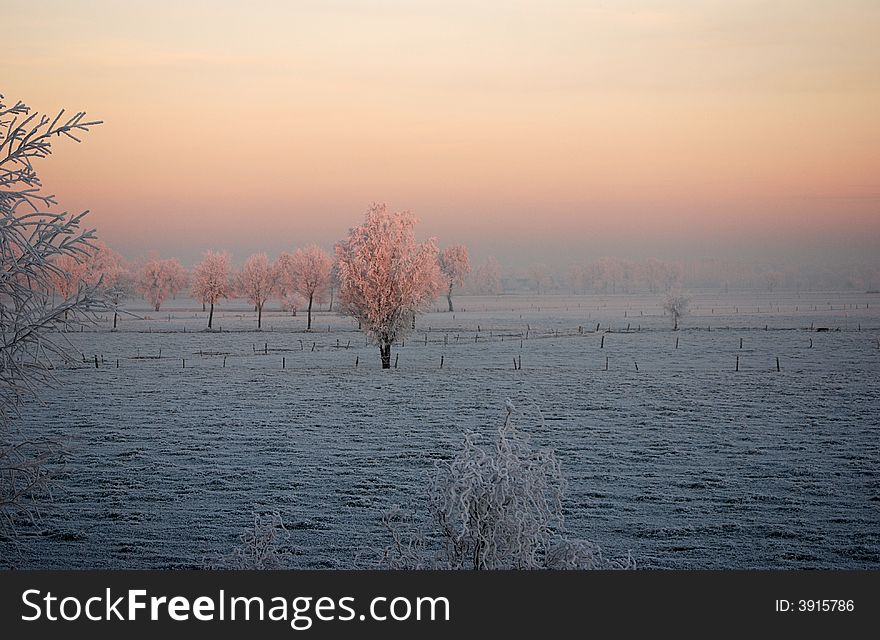 Sunrise over a winter landscape in the north of Belgium (region Antwerp)