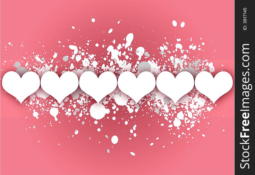 Pink background with paint splatter in white and gray with white hearts. Pink background with paint splatter in white and gray with white hearts.