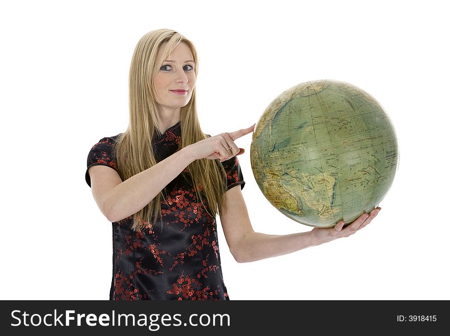 Young woman with  globe on  isolated background
