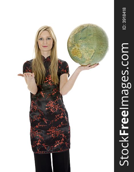 Young woman with  globe on  isolated background