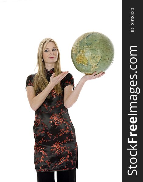 Young woman with  globe on  isolated background