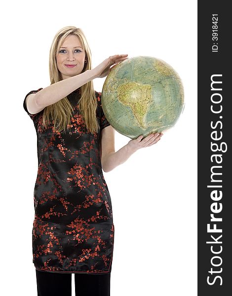 Young woman with  globe on  isolated background