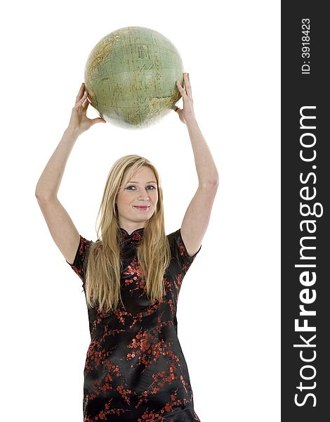 Young woman with  globe on  isolated background