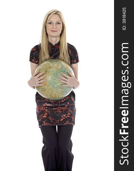 Young woman with  globe on  isolated background