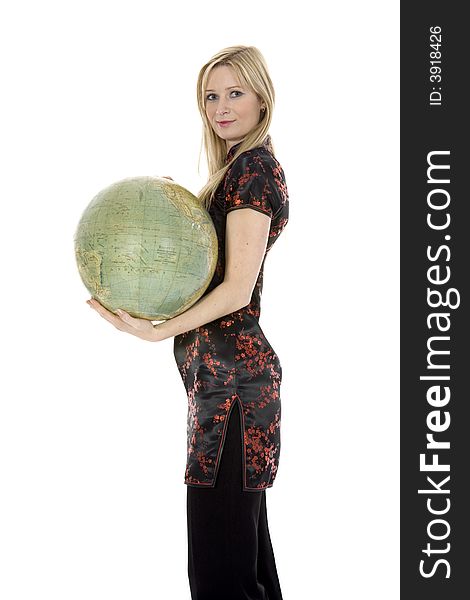 Young woman with  globe on  isolated background