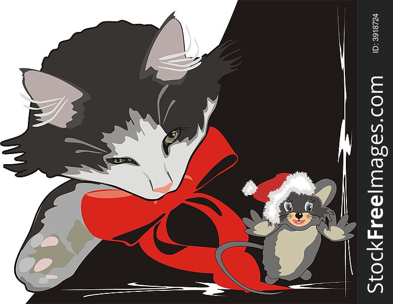 Sleeping kitten and playing mouse. Vector. Sleeping kitten and playing mouse. Vector
