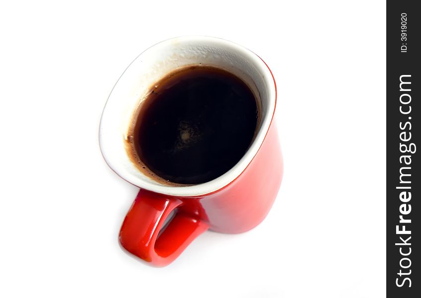 Black coffee in red cup on white background