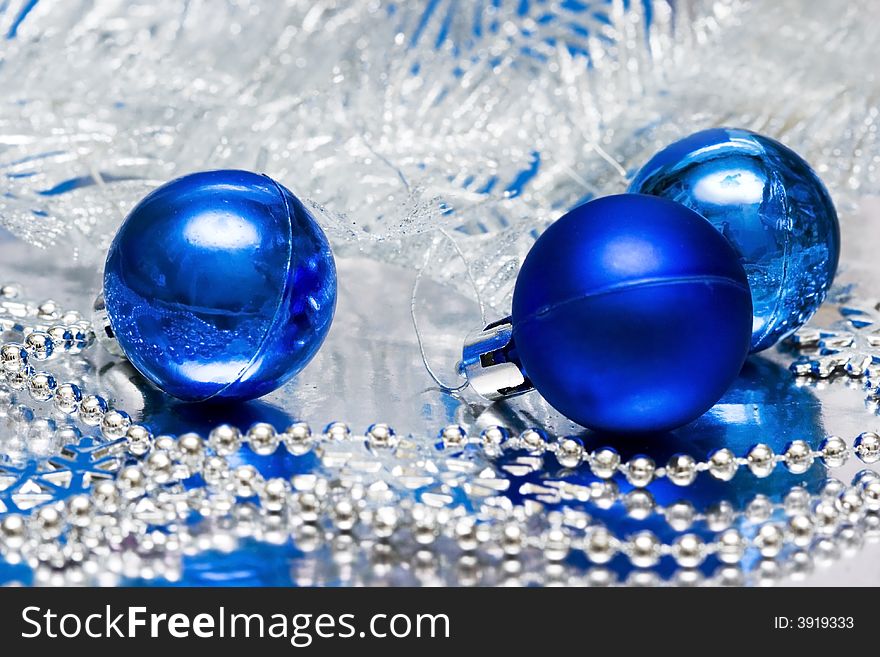 Blue Christmas balls with silver tree