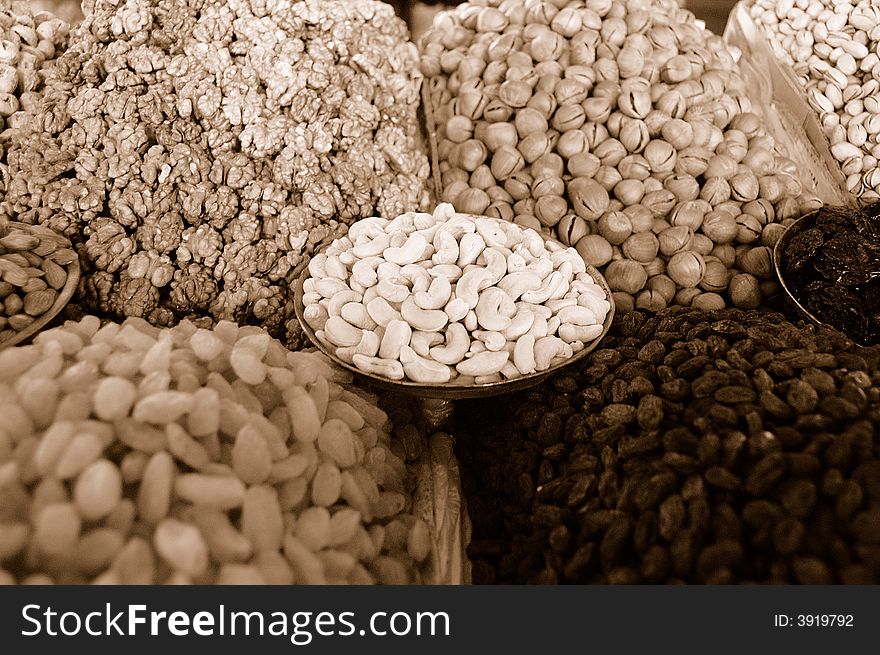 Dry fruits and nuts on Kazakh bazaar