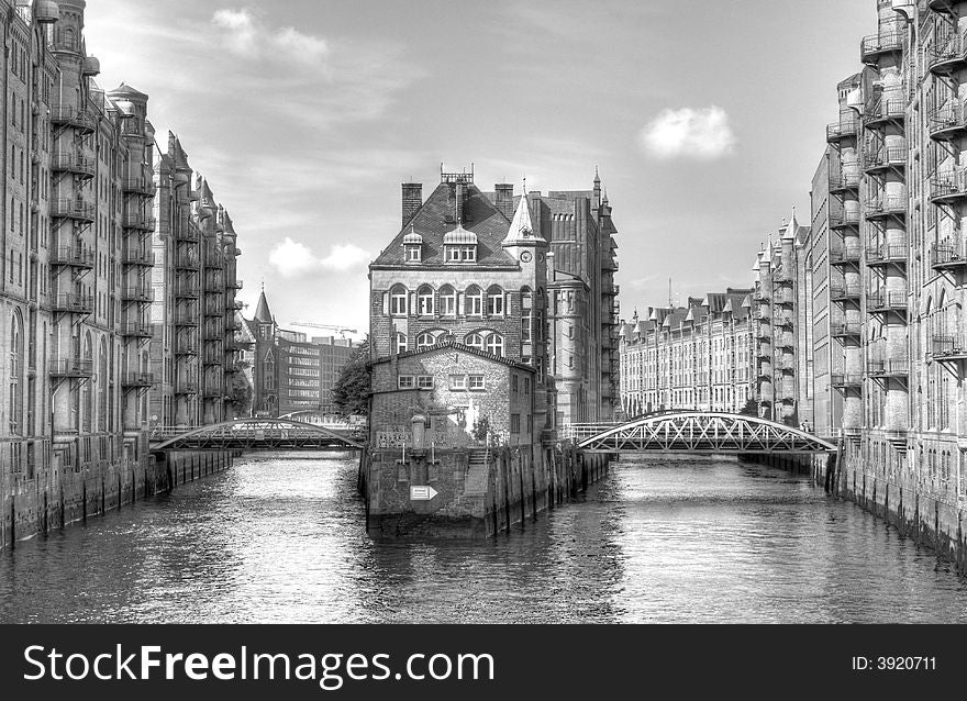 Black and white HDR picture of historic warehouses in Hamburg harbor