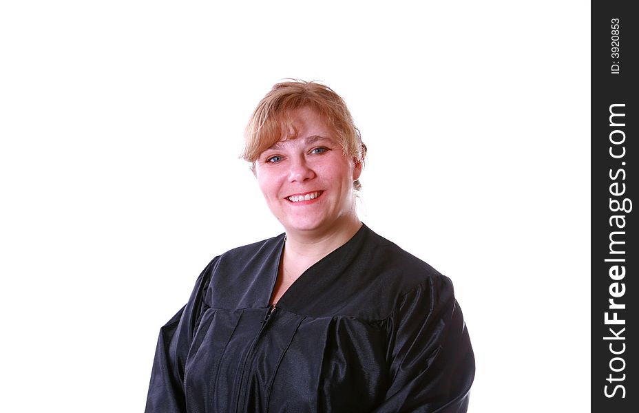 Woman wearing a black graduation gown.