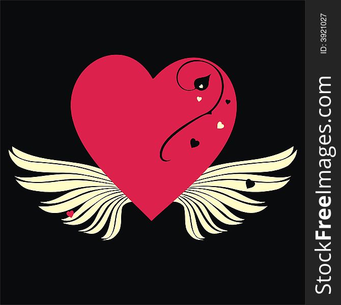 Red heart with wings on black background