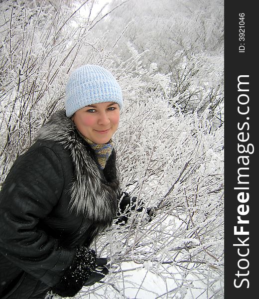 Girl in winter frozen forest. Girl in winter frozen forest
