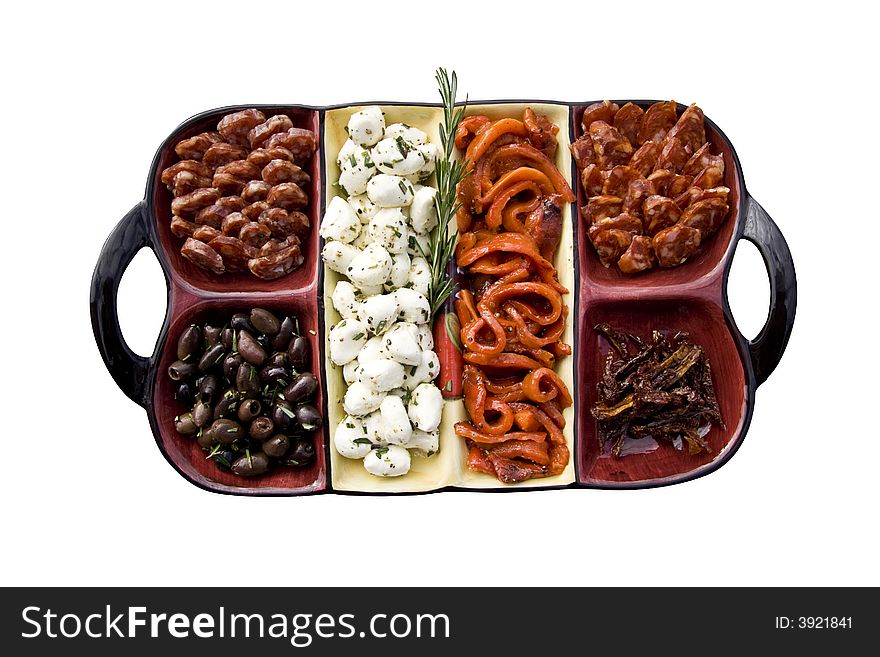 Food tray of 6 antipasto items. Food tray of 6 antipasto items