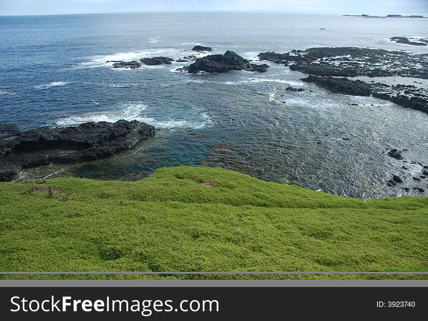 Phillip Island of Victroria coast showing green grass and well polish black stone and waves. Phillip Island of Victroria coast showing green grass and well polish black stone and waves