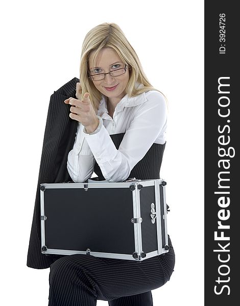Beauty blonde with valise on isolated background