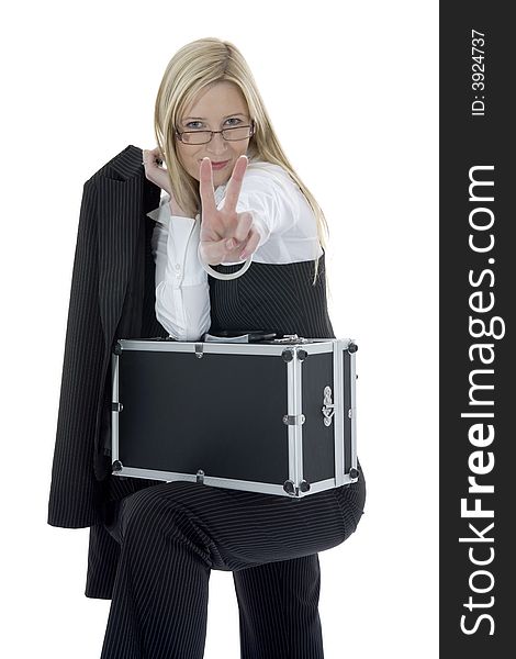Beauty blonde with valise on isolated background