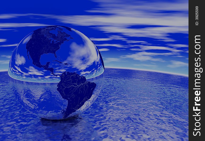 Globe reflecting ocean and sky. Render. Globe reflecting ocean and sky. Render
