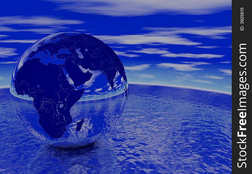 Globe reflecting ocean and sky. Render. Globe reflecting ocean and sky. Render