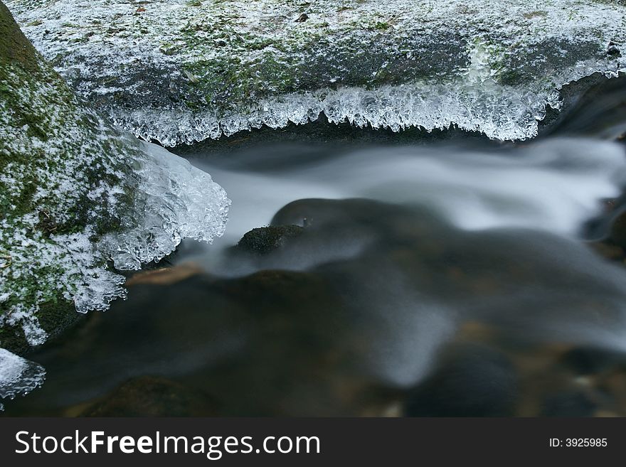 Motion blurred winter stream with detail of frozen stones