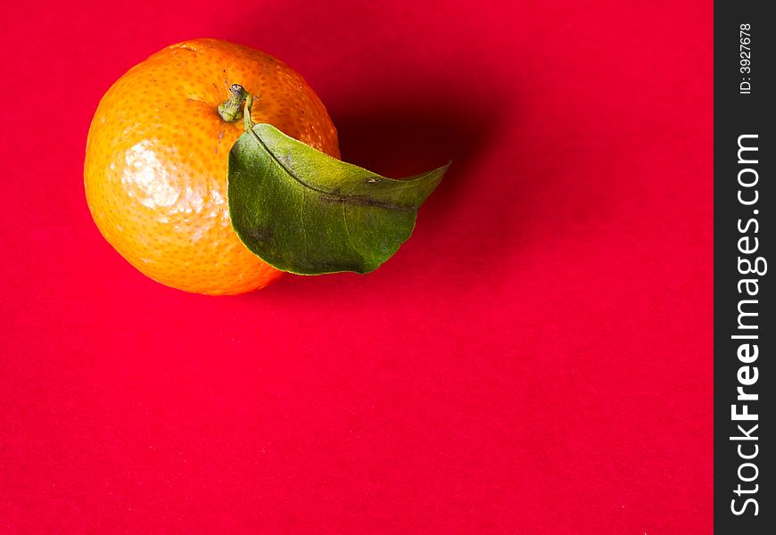 Still life of a single small tangerine with a leaf on red background illuminated from the side by the morning sun. Still life of a single small tangerine with a leaf on red background illuminated from the side by the morning sun