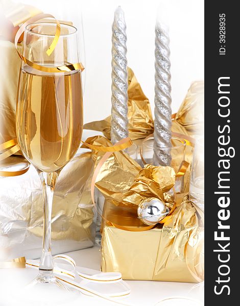 Glasses of champagne , gifts, celebration