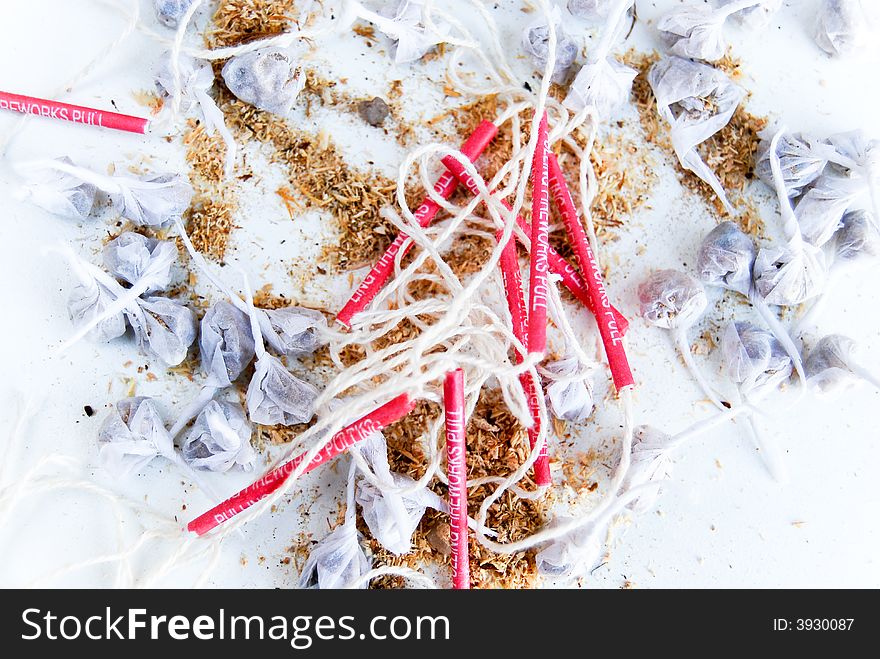 Children fireworks small bombs and pulling rope isolated on white