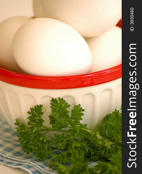 Close-up of hard boiled eggs in bowl with red stripe, parsley and blue checked napkin. Close-up of hard boiled eggs in bowl with red stripe, parsley and blue checked napkin