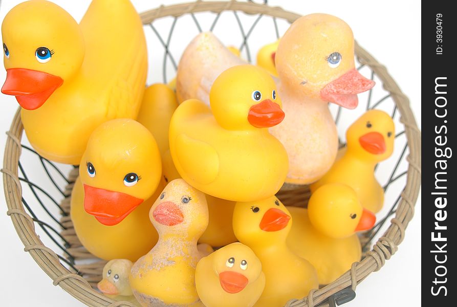 Basket of old and new rubber ducks
