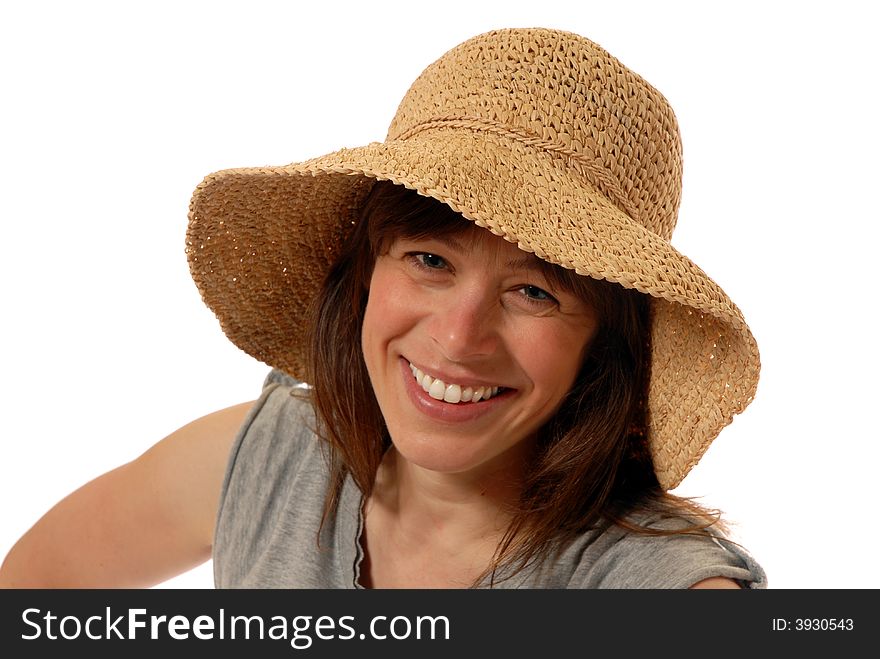 Cute smiling young lady  with straw hat, isolated on white