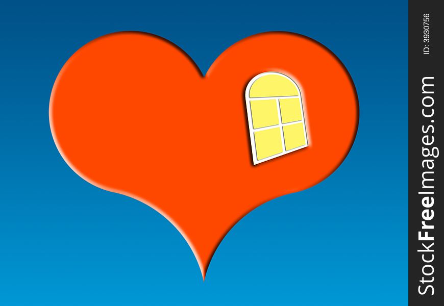 Red heart with window on a blue background