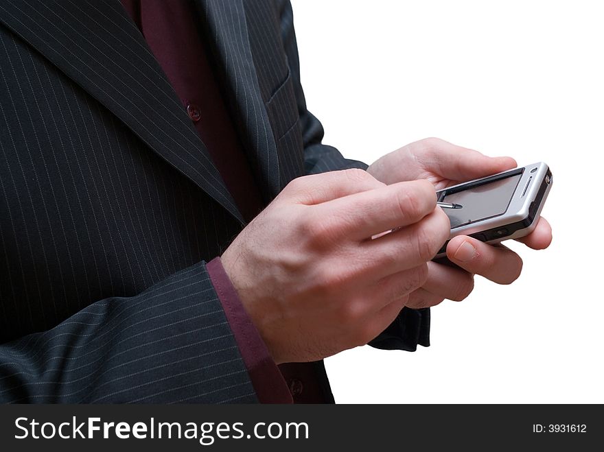 A man holding a touch screen cellular phone in his hands. A man holding a touch screen cellular phone in his hands