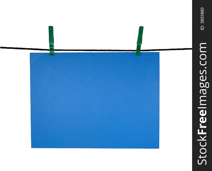Blue blank sheet on clothes-line for your notice, isolated on white