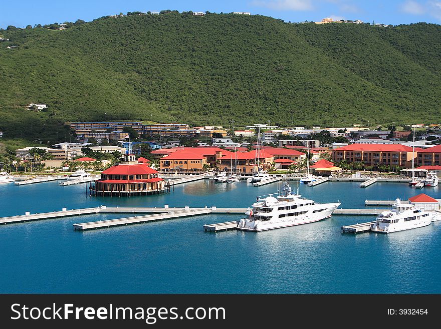 Mega yachts docked in St. Thomas US Virgin Islands marina. Mega yachts docked in St. Thomas US Virgin Islands marina