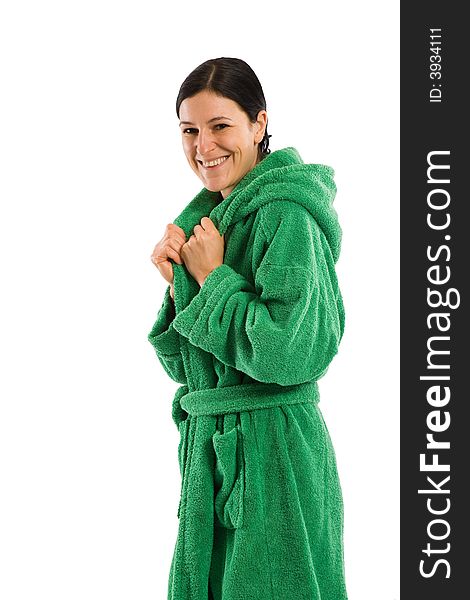 Nice smiling woman with green bathrobe. Isolated on white. Nice smiling woman with green bathrobe. Isolated on white.