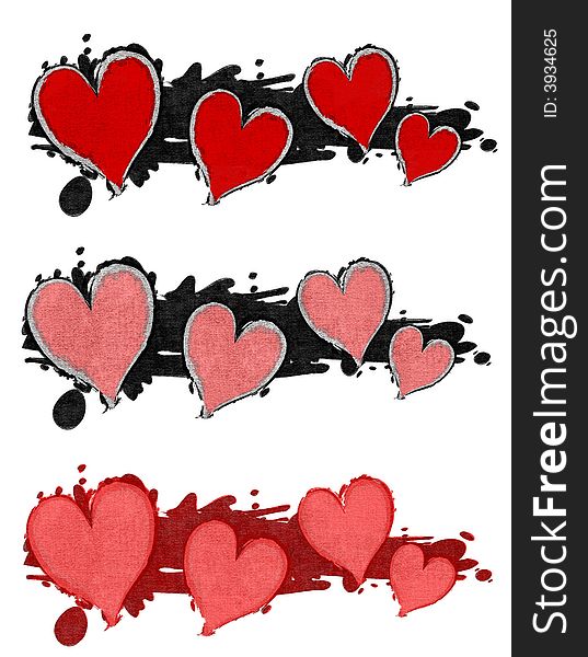 A clip art illustration featuring 3 grunge effect Valentine hearts with splattered ink in black, red and pink. A clip art illustration featuring 3 grunge effect Valentine hearts with splattered ink in black, red and pink