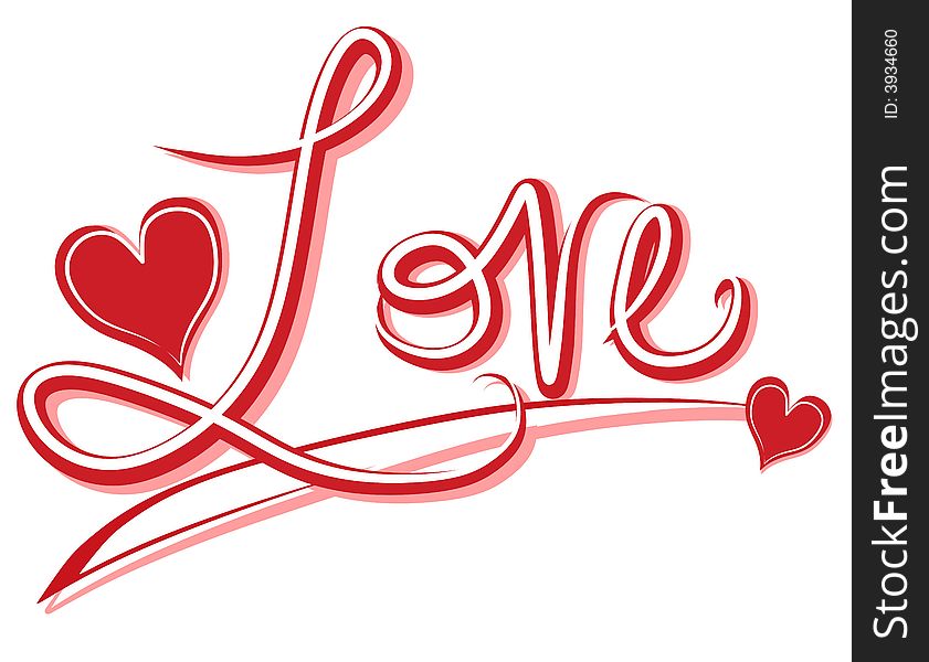 A clip art illustration featuring the word 'Love' in decorative original font with red and white outline and hearts. A clip art illustration featuring the word 'Love' in decorative original font with red and white outline and hearts
