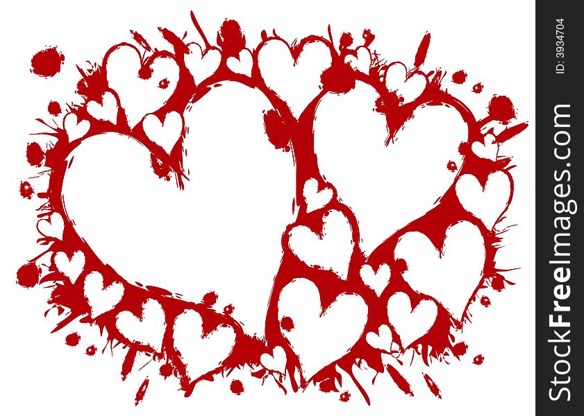 A background illustration featuring heart stencils with a bloody splatter effect in red. A background illustration featuring heart stencils with a bloody splatter effect in red