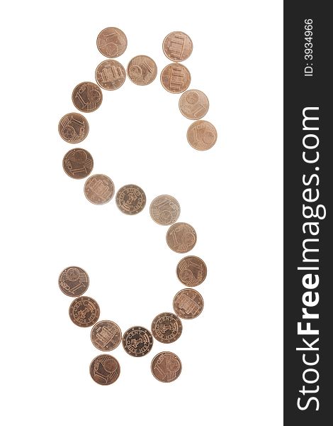 US dollar sign made of European coins cents. US dollar sign made of European coins cents