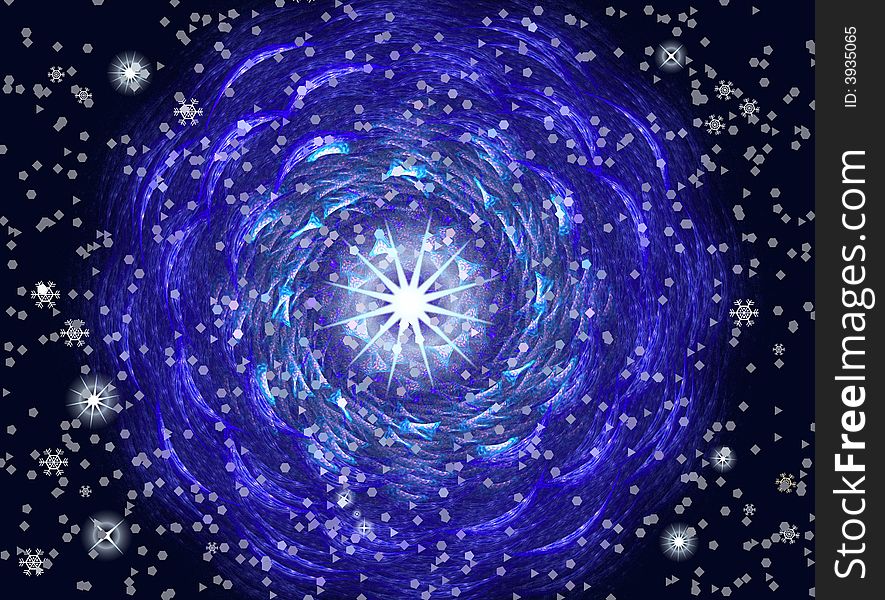 A blue fractal circle on a black background. The whole surface of the image is covered with snowflakes and snow crystals. A blue fractal circle on a black background. The whole surface of the image is covered with snowflakes and snow crystals.