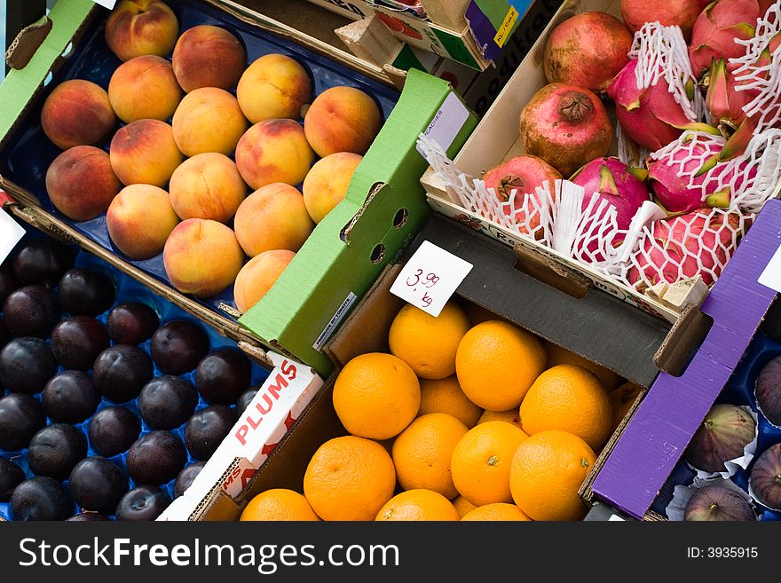 Different fruits stored in boxes. Different fruits stored in boxes