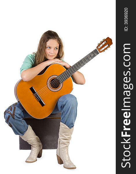 Young girl with guitar. Isolate on white.