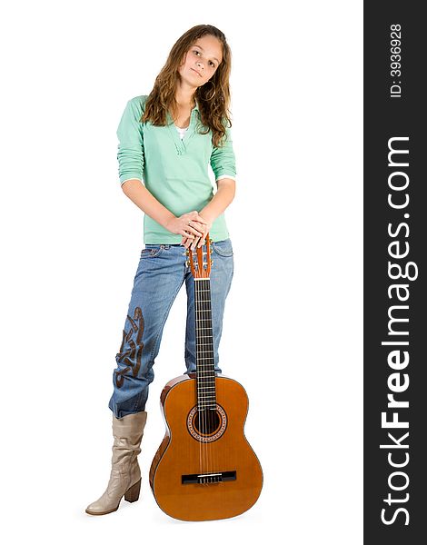 Young girl with guitar. Isolate on white.