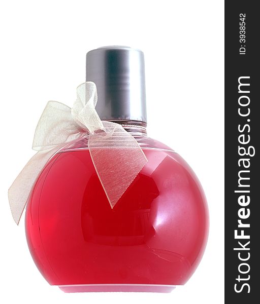 Red cosmetic in a flask with ribbon. Red cosmetic in a flask with ribbon