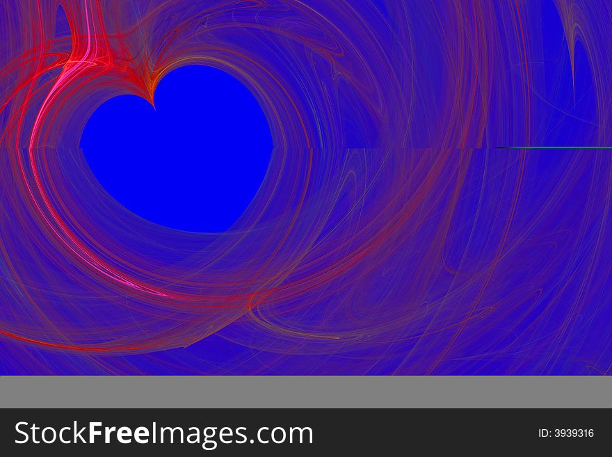 Heart shaped fractal in red against a blue background. Computer generated.