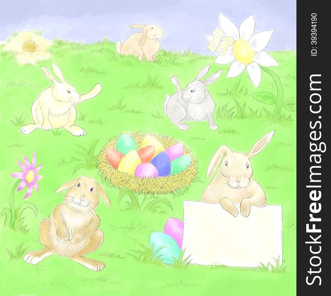 Illustration of easter bunnys and eggs