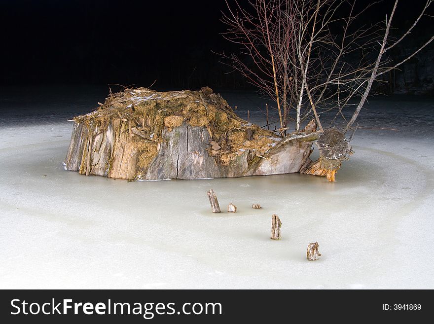 Snag stump at the middle of frozen pond in winter night. Snag stump at the middle of frozen pond in winter night